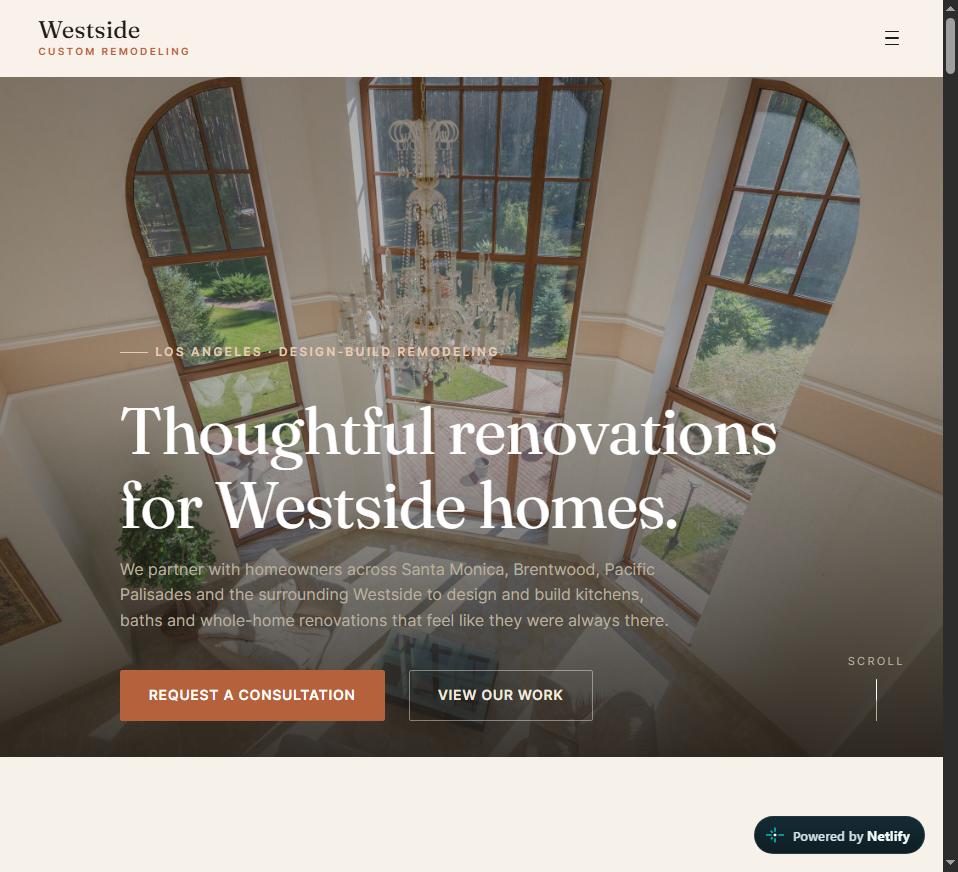 Homepage of Westside Custom Remodeling, an example Los Angeles remodeling contractor website built on the Saldana System.